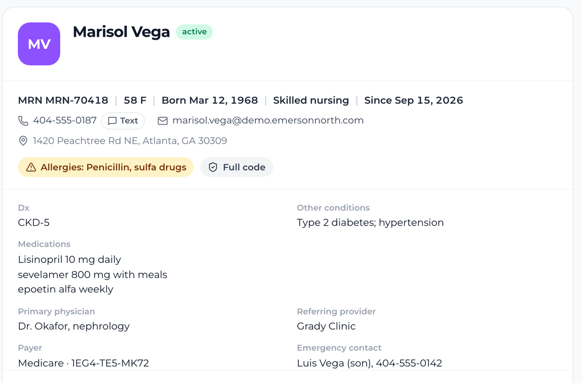 A patient record header: MRN, date of birth, care level, allergies, code status, diagnosis, medications, physician, payer and emergency contact